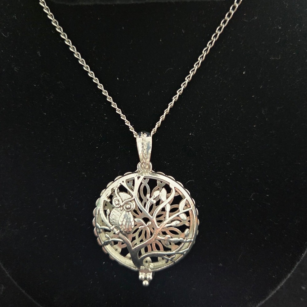 Owl Tree Life Essential Oil Locket Necklace‎ Silver Tone Pendant Curb Chain NEW